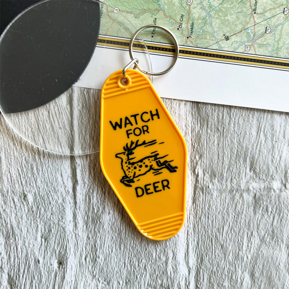 Hippie's Daughter Watch for Deer Motel Keychain