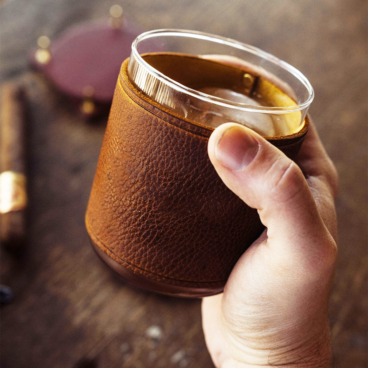 Traveller Leather Rocks Glass Set