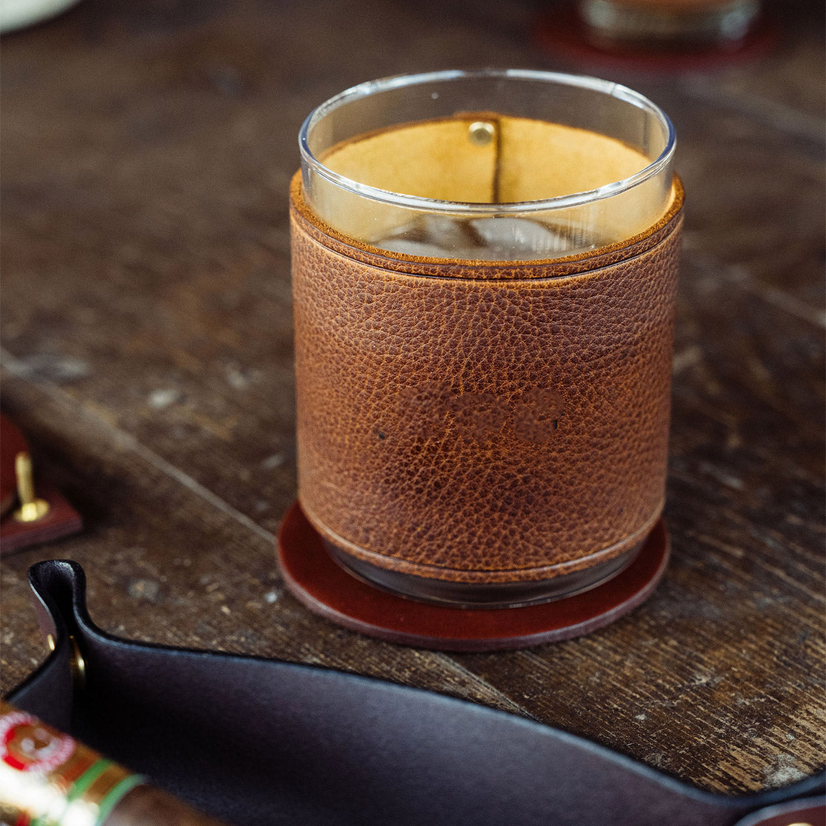 Traveller Leather Rocks Glass Set