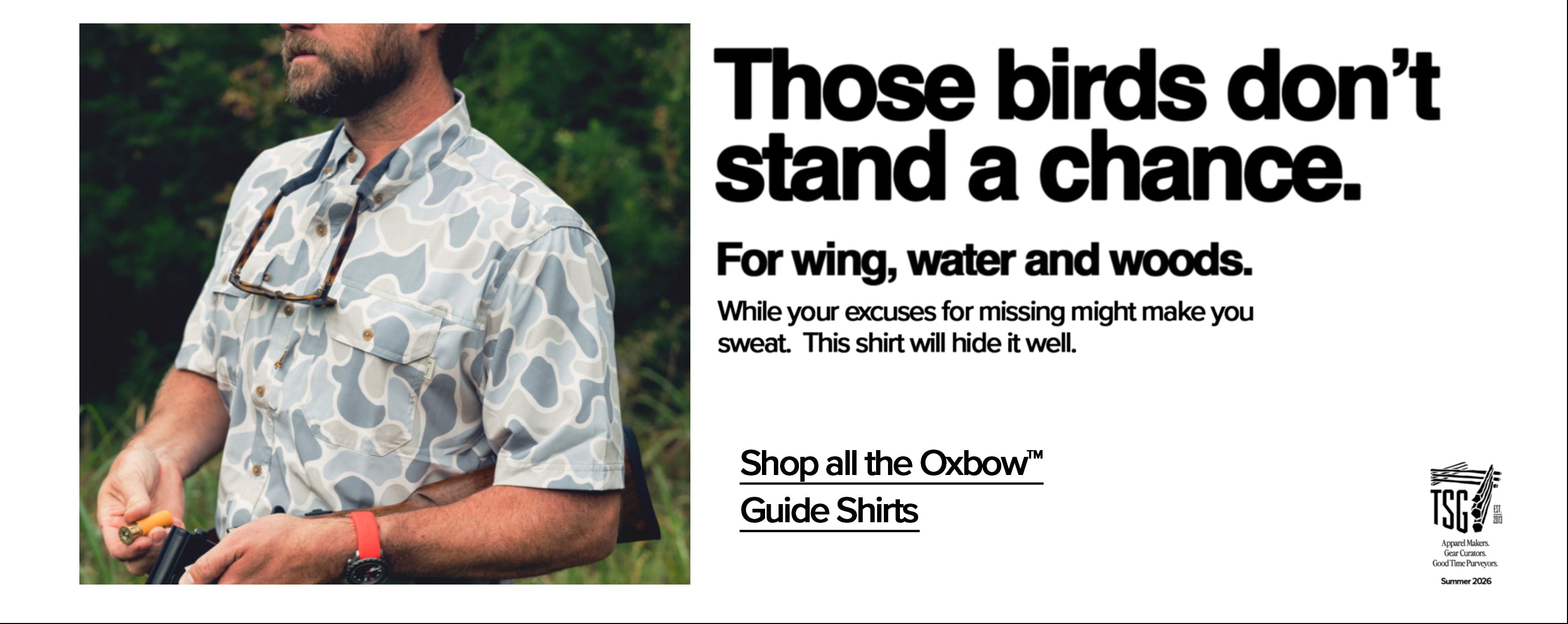 A promotional banner featuring a man wearing a short-sleeve button-up shirt with a gray and white camouflage pattern, set against a white background with bold black text promoting Oxbow Guide Shirts.